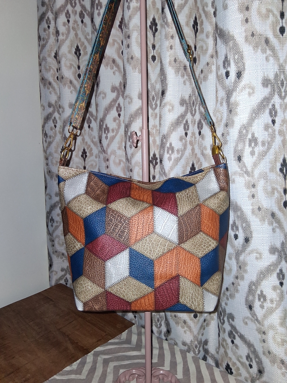 Vintage Inspired Geometric Patchwork Crossbody Shoulder Bag